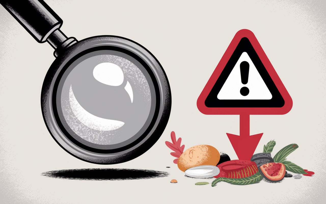 Loupe montrant asticots sur dechets en decomposition alerte