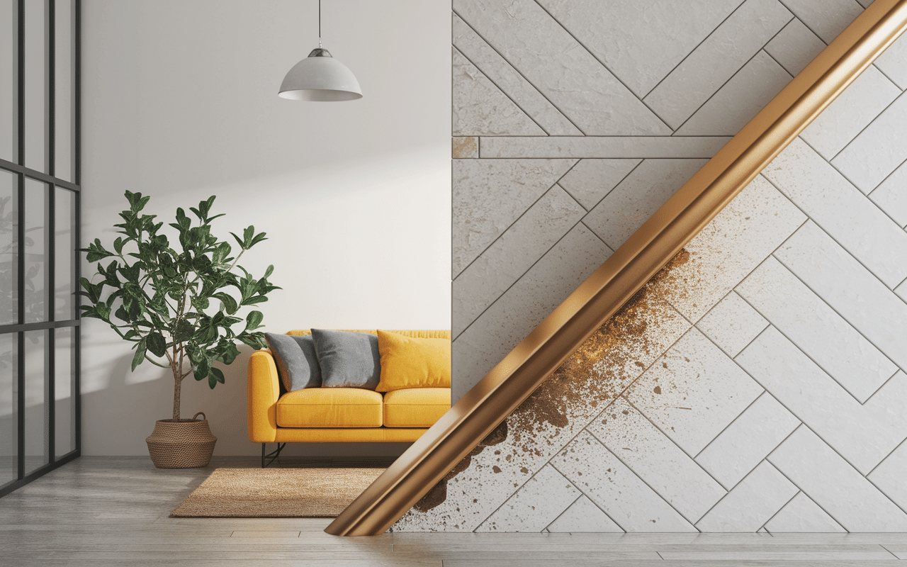 angle carrelage protégé par baguette finition après pose en métal