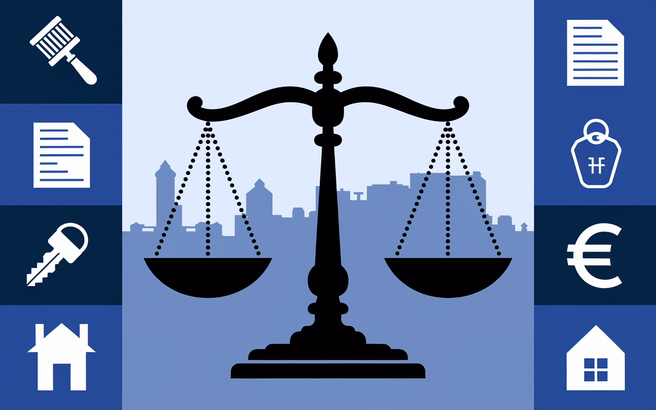 Balance justice pictogrammes droits obligations toiture commune sans copropriété