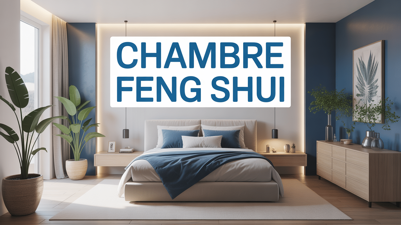 chambre feng shui zen moderne avec couleurs bleues et beiges