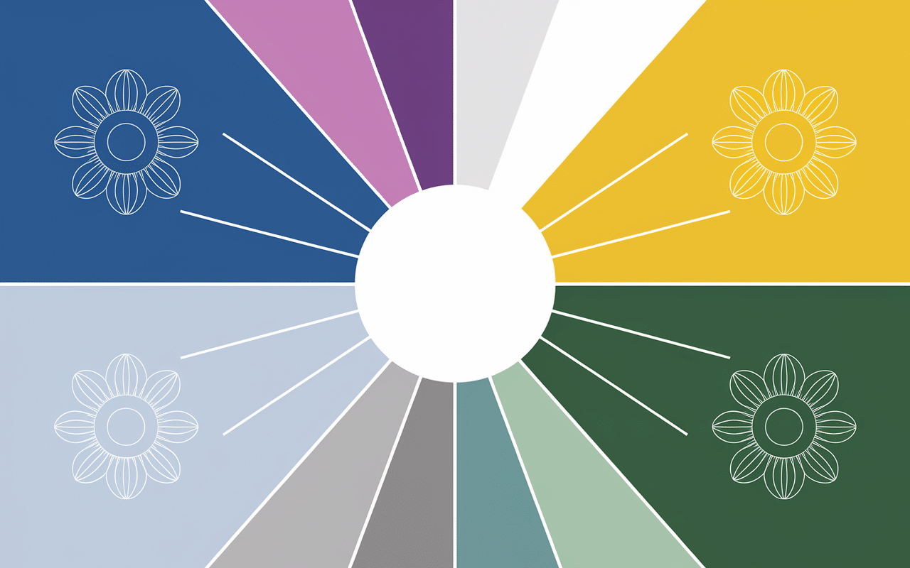 palette couleurs feng shui chambre bleu violet blanc gris jaune vert