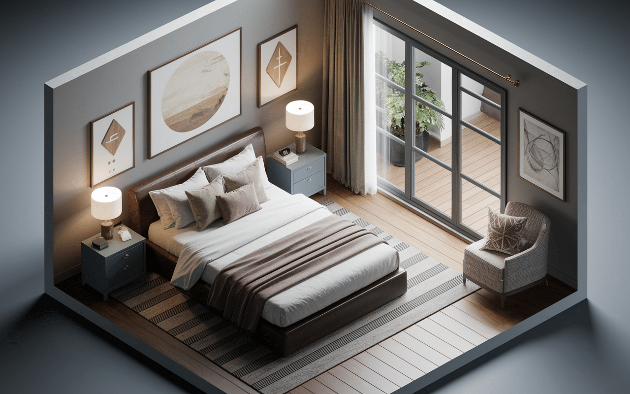 vue aerienne chambre feng shui avec lit positionné contre mur et circulation energie