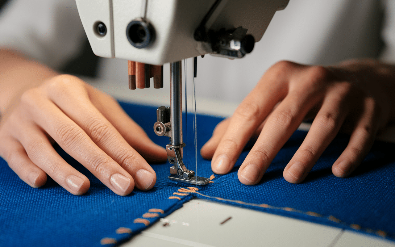 machine à coudre en action sur bâche à bulle