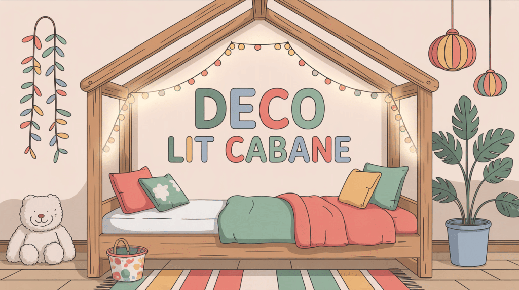 lit cabane deco chambre enfant guirlandes coussins peluches