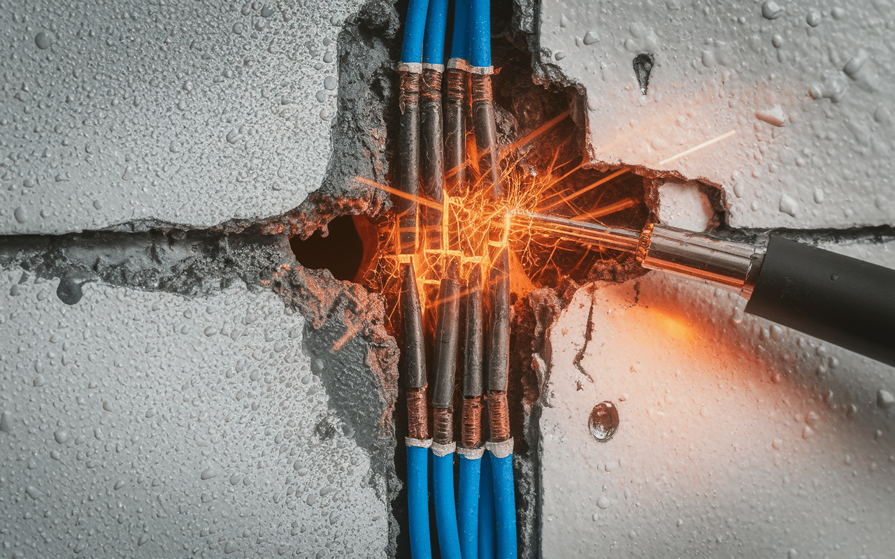 Coupe mur avec cables endommagés et disjoncteur declenche pour disjoncteur saute sans rien de branché