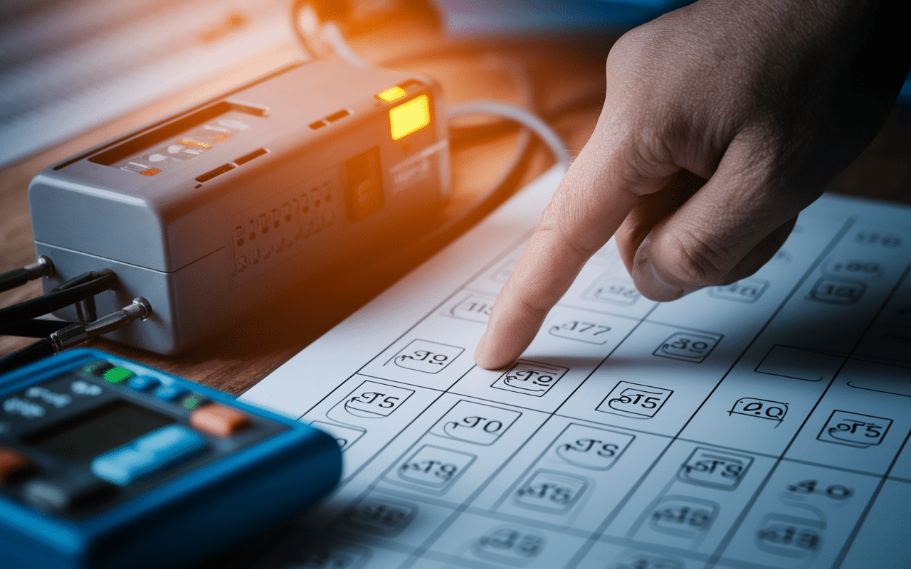 Main pointant disjoncteurs et testeur pour identifier disjoncteur saute sans rien de branché