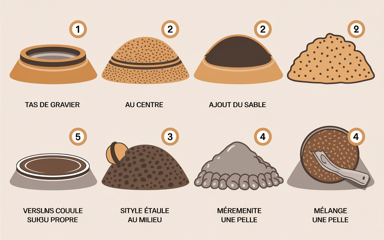 Etapes melange beton 1 sac ciment 25 kg pelle sable gravier ciment