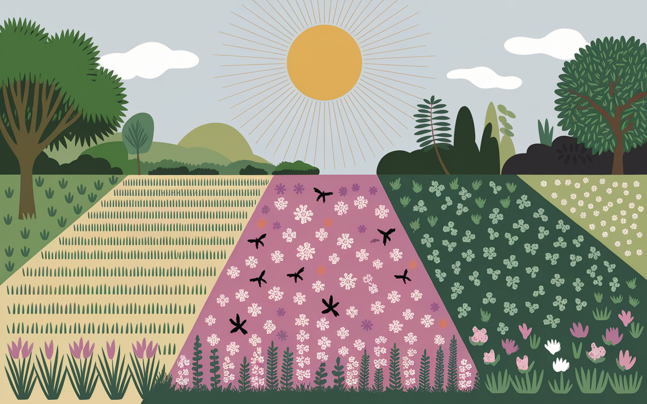 Jardin avec alternatives écologiques au gazon anglais divisées en trois sections