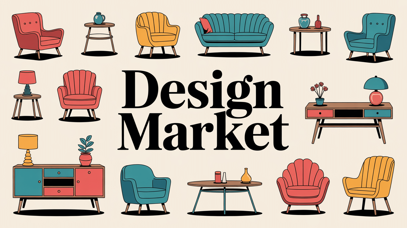 marché design vintage avec meubles colorés fauteuils mid-century tables scandinaves