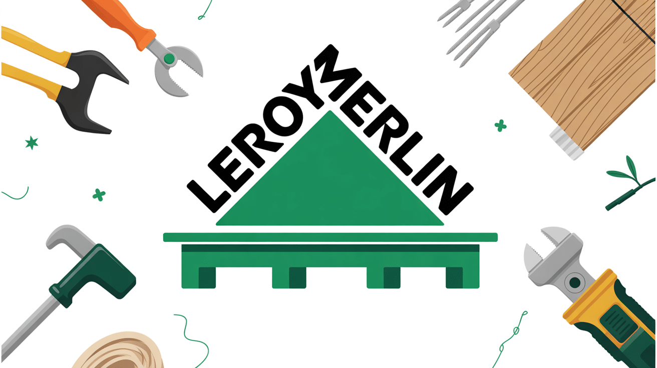 Logo leroy merlin avec toit vert et outils de bricolage