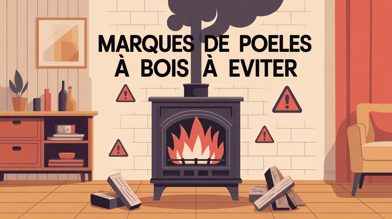 Salon avec poêle à bois défaillant et signaux d'alerte marques à éviter