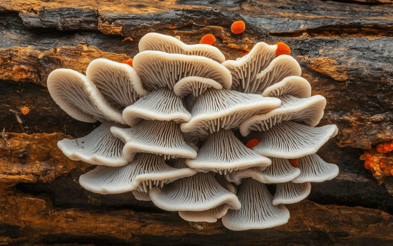 Gros plan merule sur bois de chauffage filaments myceliens taches brunatres spores