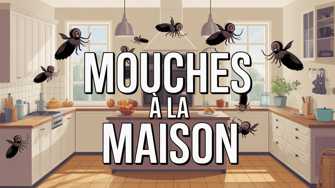 Mouches a la maison dans cuisine moderne avec fruits et poubelle
