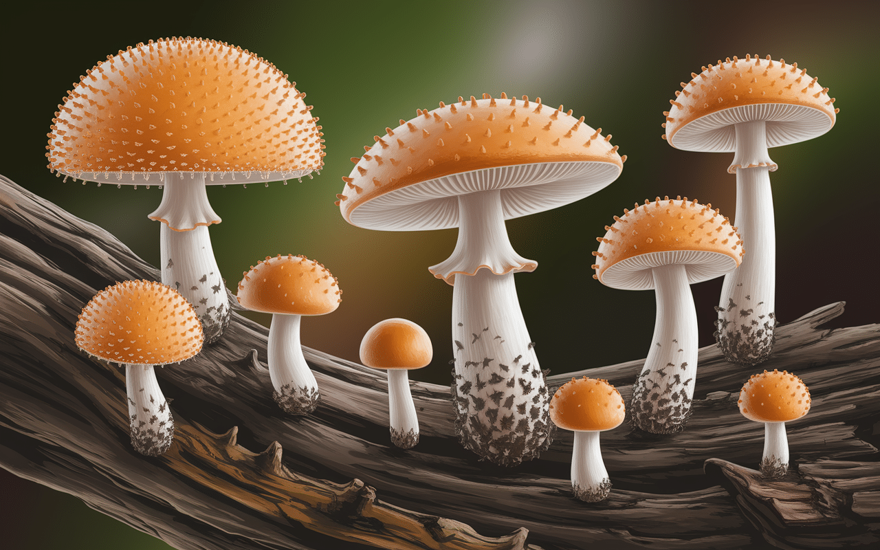 diverses espèces de champignon orange sur bois mort illustration naturaliste