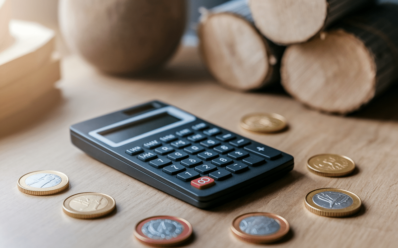 Calculatrice et pieces de monnaie avec buches bois 50 cm
