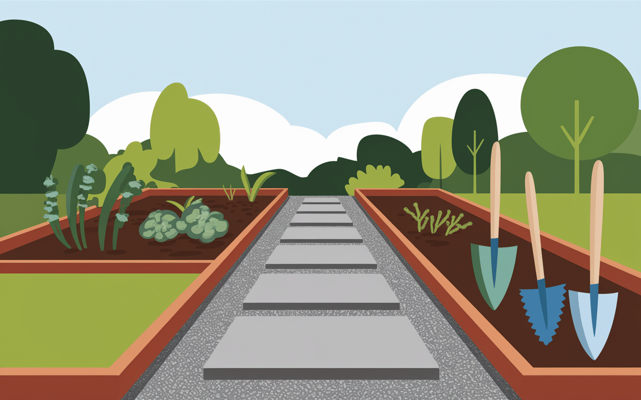 Allée jardin économique avec graviers et pas japonais