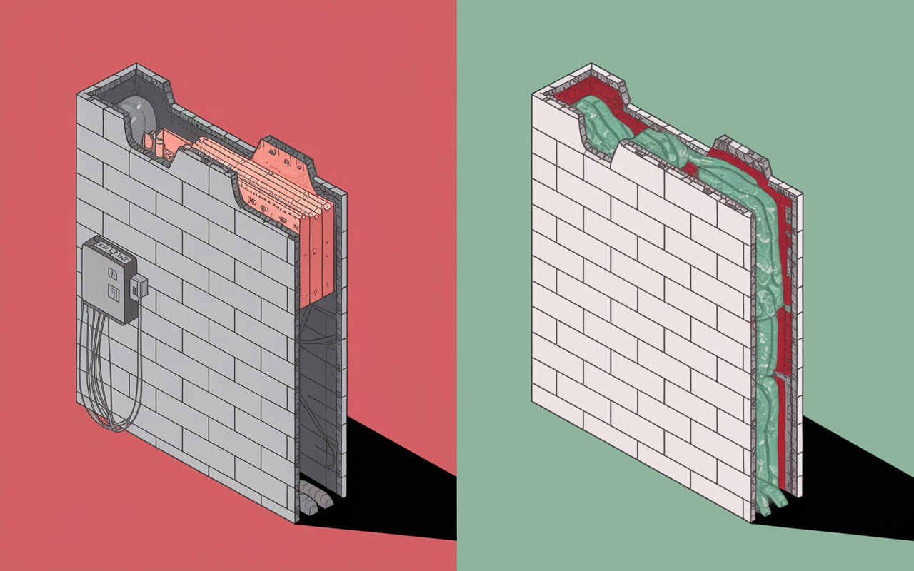 Mur avec électricité avant vs isolation percée