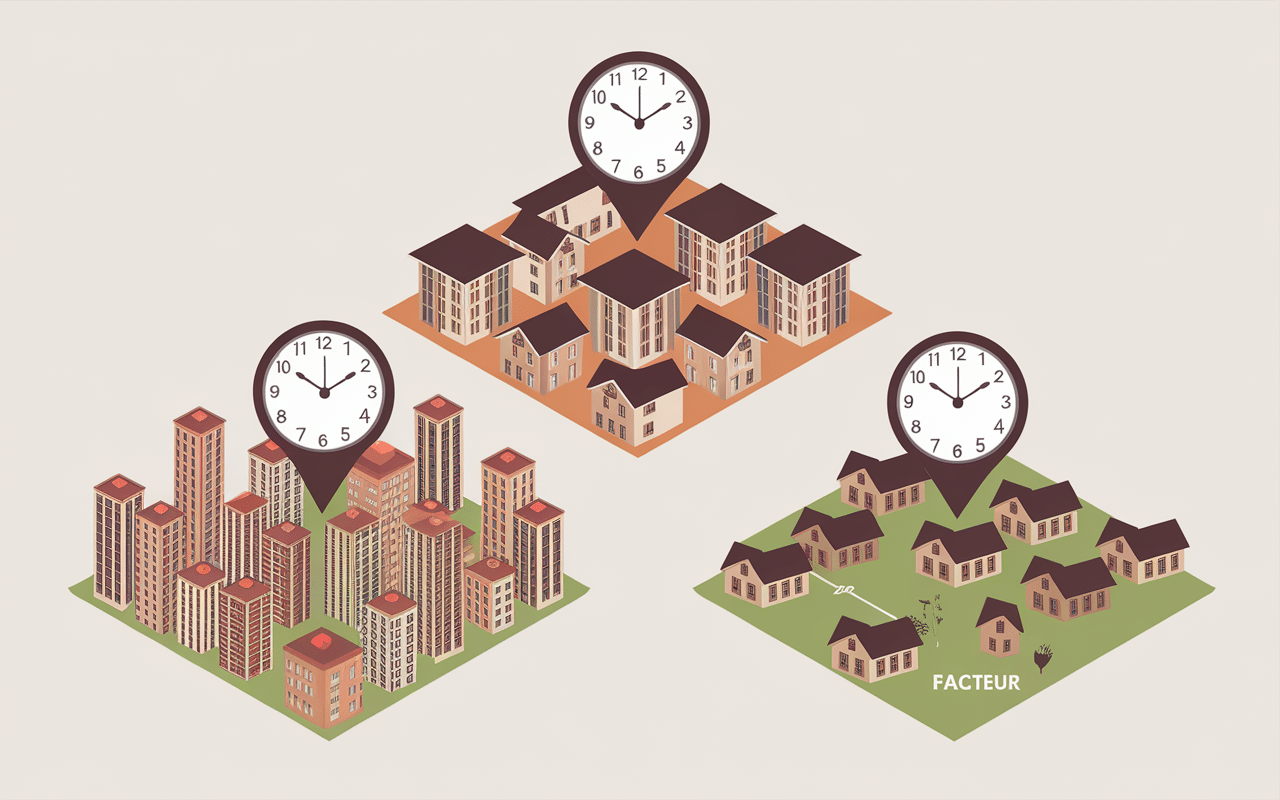Carte stylisée des zones urbaines, banlieues et rurales avec horloges
