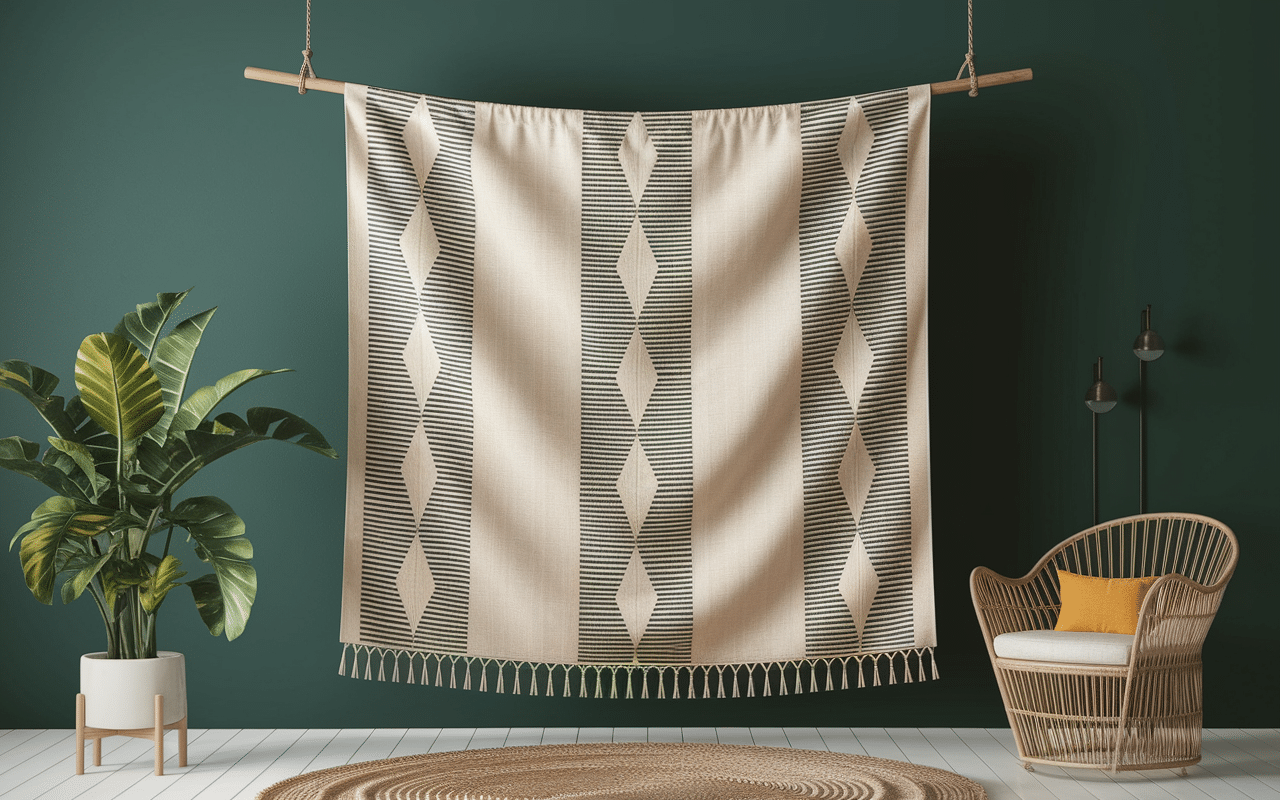 Détail d'un rideau japonisant traditionnel en coton