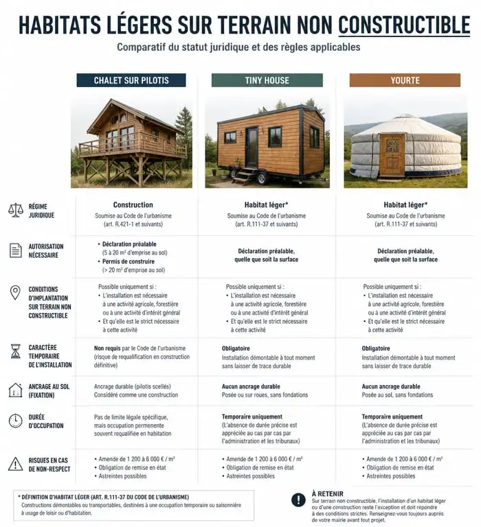 Infographie comparative du statut juridique des habitats légers sur terrain non constructible