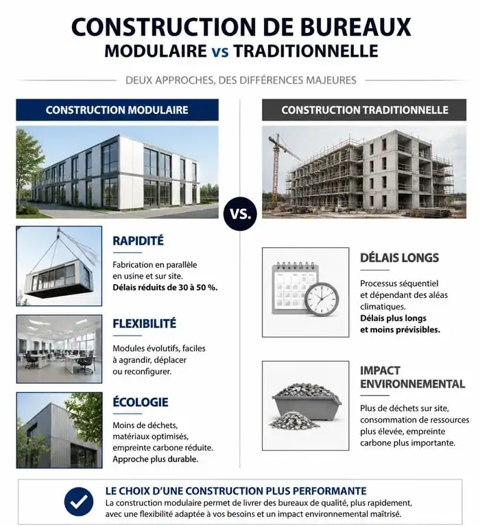 Comparatif visuel entre la construction de bureaux modulaires et la construction traditionnelle pour les entreprises.