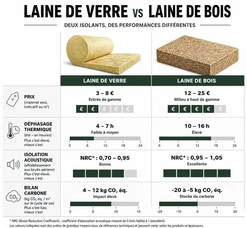 Comparatif laine de verre ou laine de bois : performances thermiques, prix et impact écologique