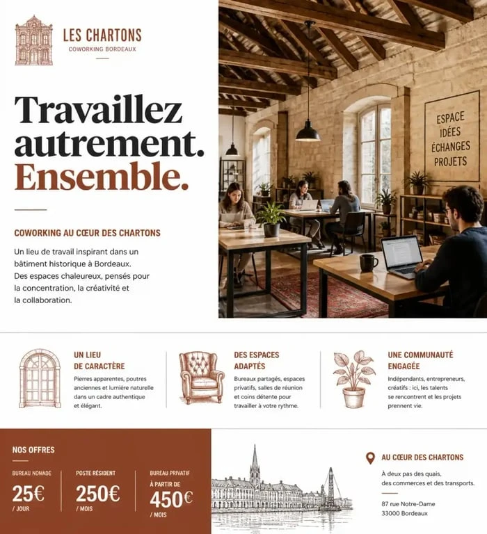 Bureau partagé dans un bâtiment historique du quartier des Chartrons à Bordeaux