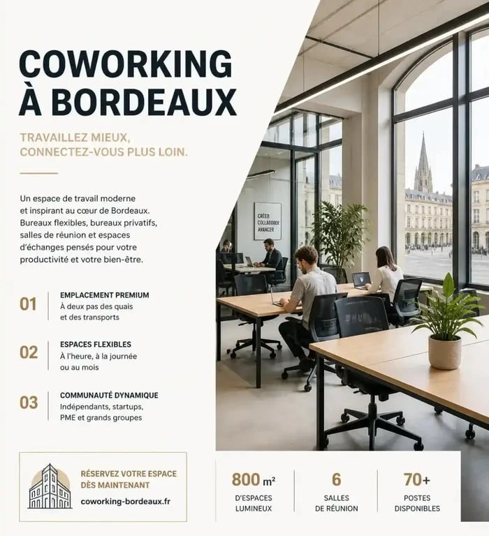 Espace de coworking moderne à Bordeaux avec bureaux partagés et lumière naturelle
