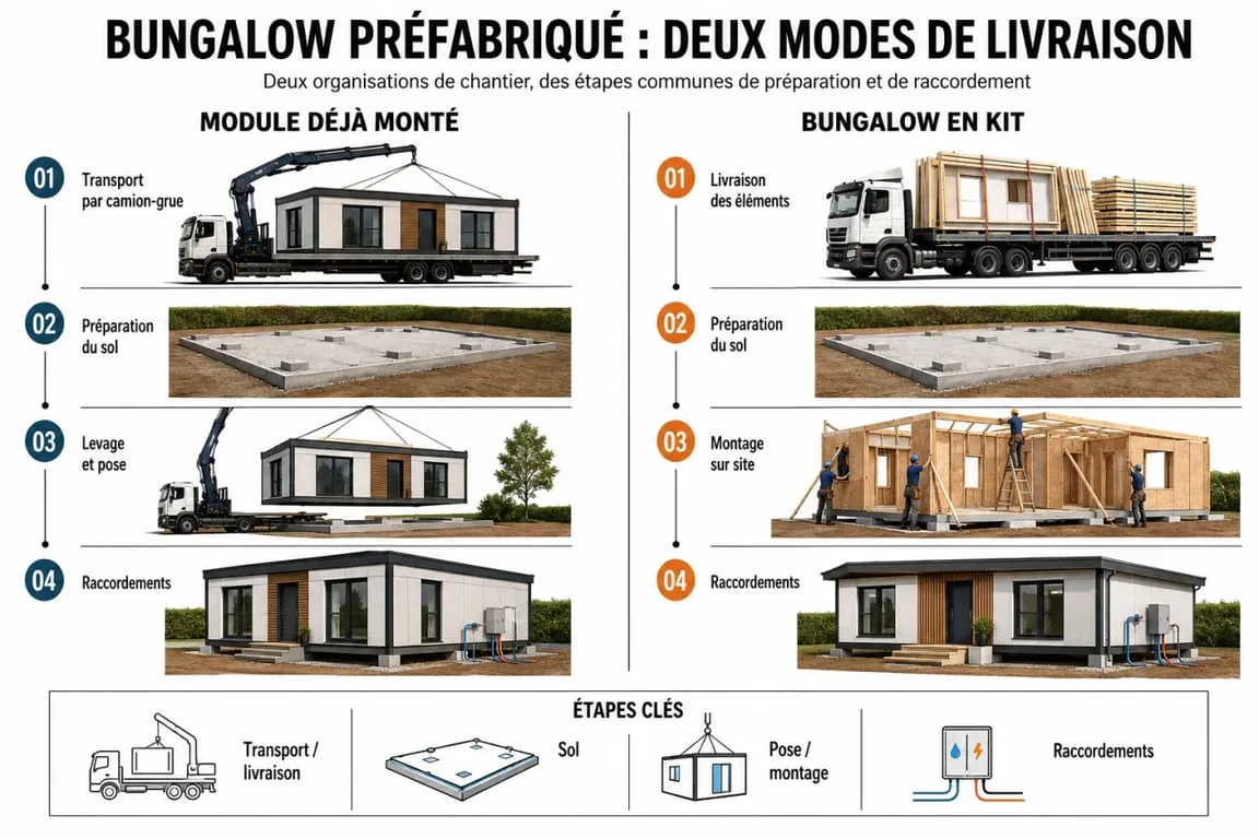 Bungalow préfabriqué en kit ou module monté : étapes de livraison et d’installation
