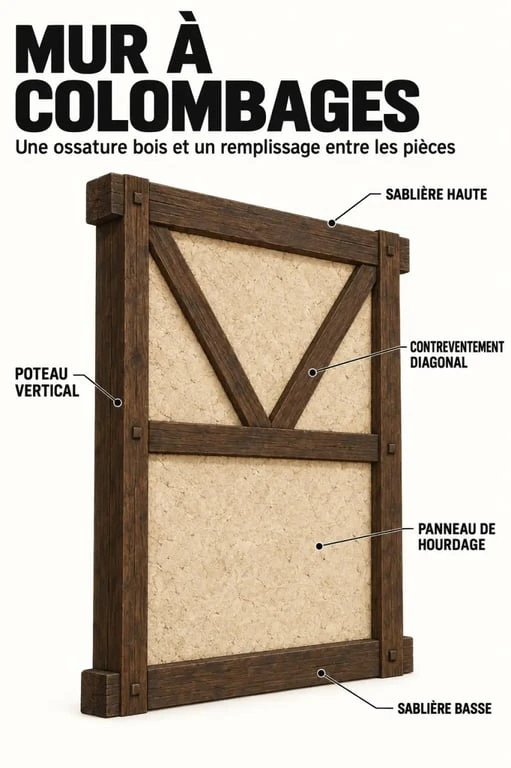 Schéma explicatif d’un mur de colombage maison avec ossature en bois et hourdage