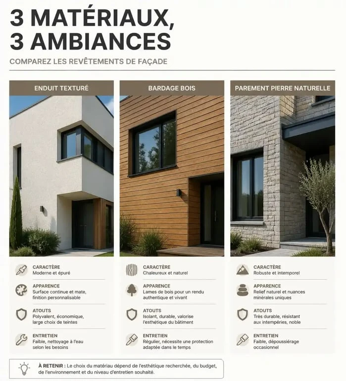 Comparaison des matériaux pour rénover ou embellir une façade : enduit, bardage bois et pierre de parement