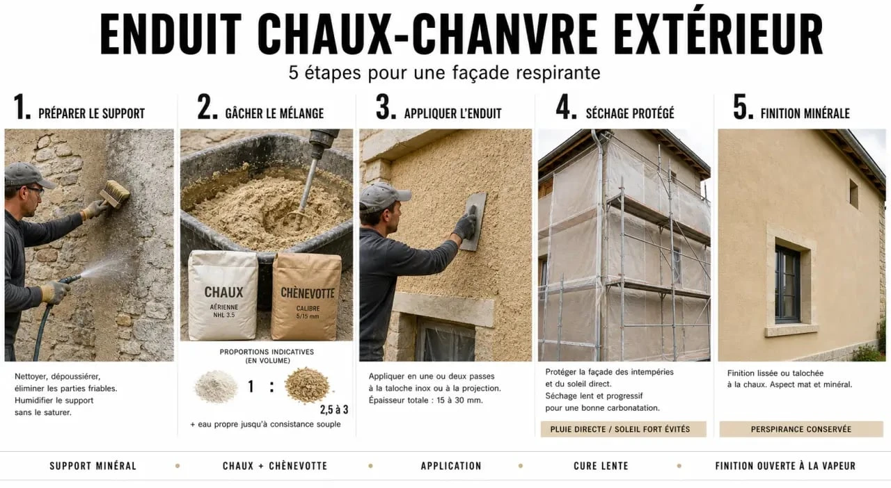 Enduit chaux chanvre extérieur : étapes de préparation, application et finition sur une façade ancienne