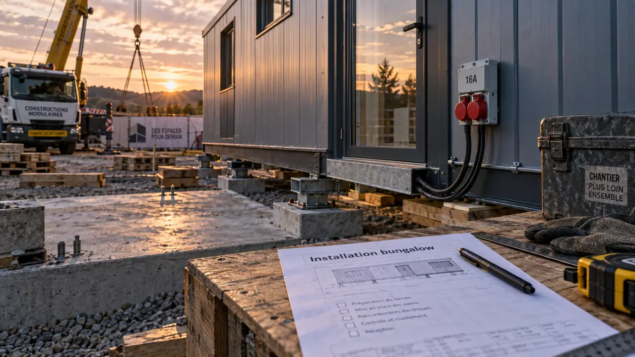 Installation d’un bungalow préfabriqué sur chantier, en 3 à 5 semaines