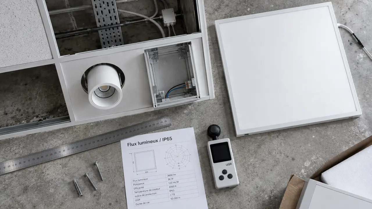 Luminaire faux plafond : dalle LED, spot et coffre alu